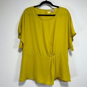 Nanette Lepore Chartreuse Peplum Blouse Flutter Sleeve Draped Waist Top Size L